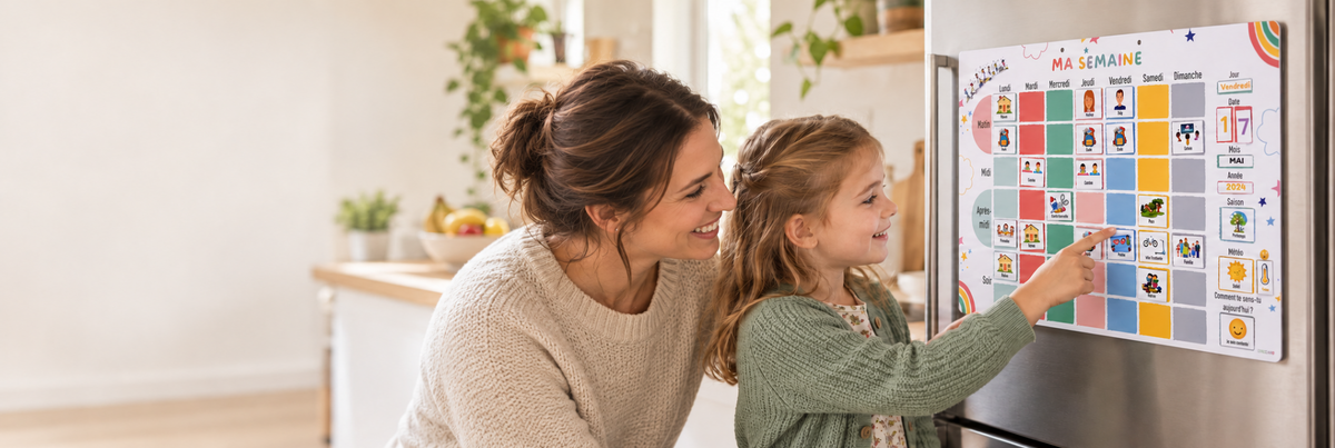 Une maman et sa fille organisent leur semaine avec le Grand Semainier A3 Educrea Lab.