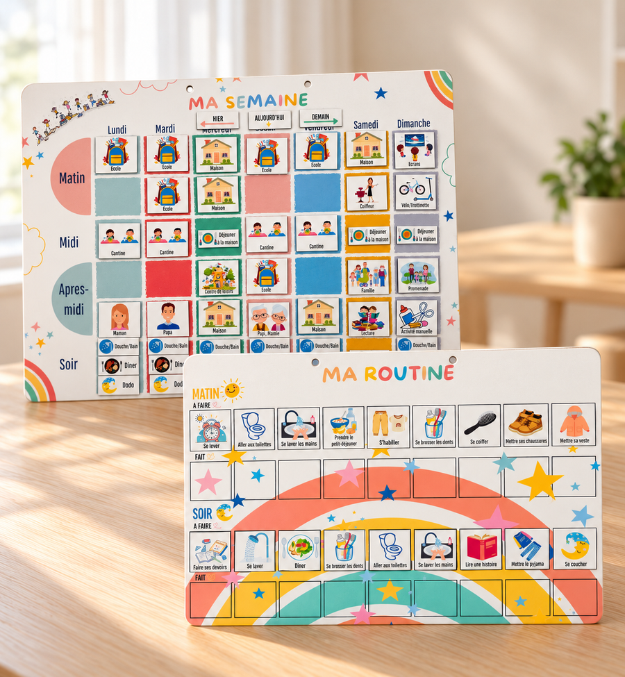 Coffret Duo : Petit Semainier A4 et Routine Matin et Soir A4, sur une table en bois clair