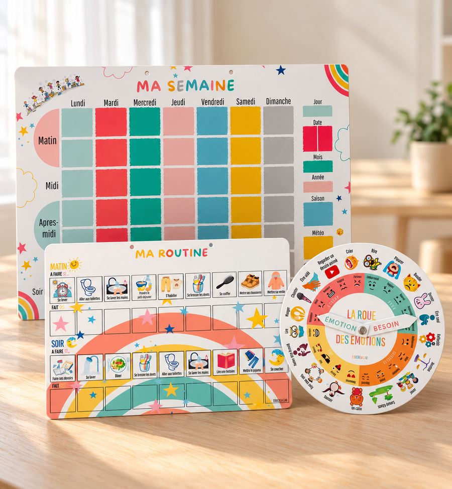 Coffret Essentiel : Grand Semainier A3, Routine Matin et Soir A4 et Roue des émotions, présentés sur une table en bois clair