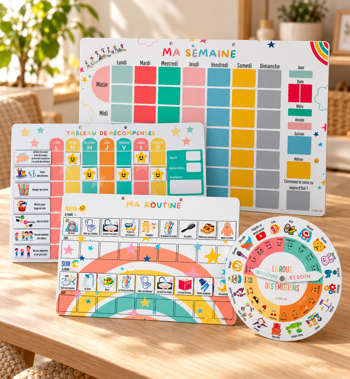 Coffret Évolution : Grand Semainier A3, Routine Matin et Soir A4, Tableau de récompenses A4 et Roue des émotions sur une table en bois clair.