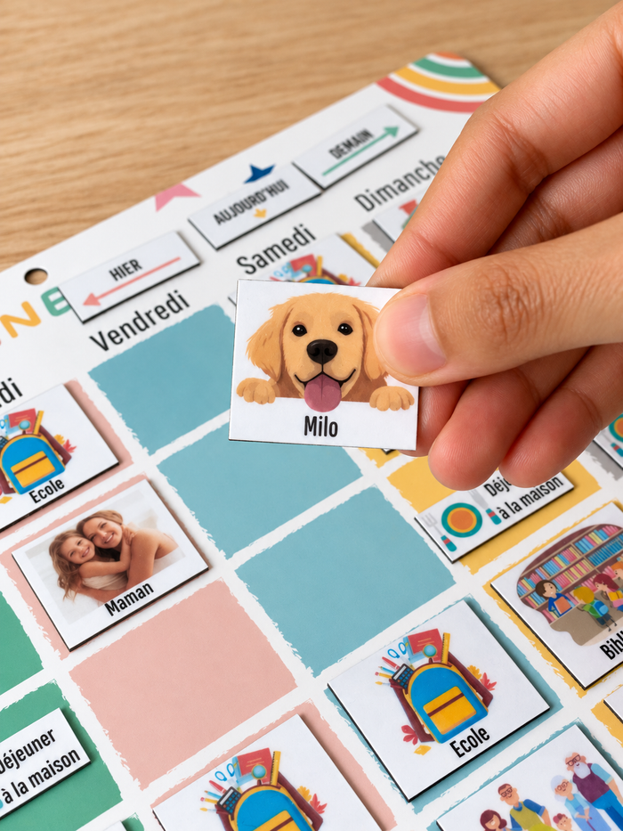 Une main présente un magnet personnalisé Milo devant un semainier magnétique Educréa LAB.